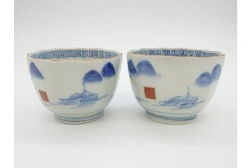 江戸後期〜幕末　伊万里　染付　山水図　藍色の濃淡が美しいそば猪口5客セット(蕎麦猪口、湯呑み、湯のみ、和食器)(R-073015)