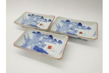 江戸後期〜幕末　伊万里　染付　約21cm　6.7寸　大胆に描かれた山水図に魅了される長皿3枚セット(角皿、和皿、和食器、六寸七分)(R-073016)