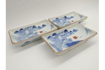 江戸後期〜幕末　伊万里　染付　約21cm　6.7寸　大胆に描かれた山水図に魅了される長皿3枚セット(角皿、和皿、和食器、六寸七分)(R-073016)