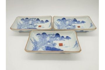 江戸後期〜幕末　伊万里　染付　約21cm　6.7寸　大胆に描かれた山水図に魅了される長皿3枚セット(角皿、和皿、和食器、六寸七分)(R-073016)
