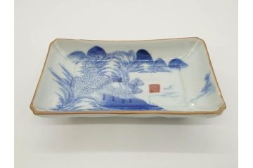 江戸後期〜幕末　伊万里　染付　約21cm　6.7寸　大胆に描かれた山水図に魅了される長皿3枚セット(角皿、和皿、和食器、六寸七分)(R-073016)