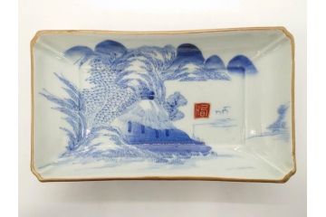 江戸後期〜幕末　伊万里　染付　約21cm　6.7寸　大胆に描かれた山水図に魅了される長皿3枚セット(角皿、和皿、和食器、六寸七分)(R-073016)