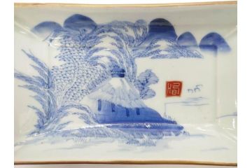 江戸後期〜幕末　伊万里　染付　約21cm　6.7寸　大胆に描かれた山水図に魅了される長皿3枚セット(角皿、和皿、和食器、六寸七分)(R-073016)