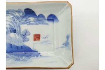 江戸後期〜幕末　伊万里　染付　約21cm　6.7寸　大胆に描かれた山水図に魅了される長皿3枚セット(角皿、和皿、和食器、六寸七分)(R-073016)