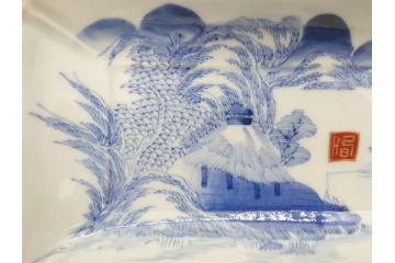 江戸後期〜幕末　伊万里　染付　約21cm　6.7寸　大胆に描かれた山水図に魅了される長皿3枚セット(角皿、和皿、和食器、六寸七分)(R-073016)