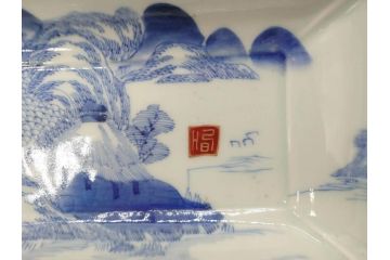 江戸後期〜幕末　伊万里　染付　約21cm　6.7寸　大胆に描かれた山水図に魅了される長皿3枚セット(角皿、和皿、和食器、六寸七分)(R-073016)