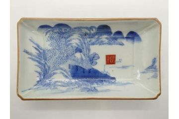 江戸後期〜幕末　伊万里　染付　約21cm　6.7寸　大胆に描かれた山水図に魅了される長皿3枚セット(角皿、和皿、和食器、六寸七分)(R-073016)