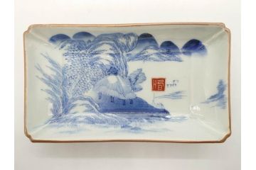 江戸後期〜幕末　伊万里　染付　約21cm　6.7寸　大胆に描かれた山水図に魅了される長皿3枚セット(角皿、和皿、和食器、六寸七分)(R-073016)