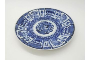 江戸期　古伊万里　染付　芙蓉手　鳥の図　約22cm　7寸　はっきりとした藍色のデザインが目を惹く中皿(鷹?、和皿、和食器、七寸)(R-073017)