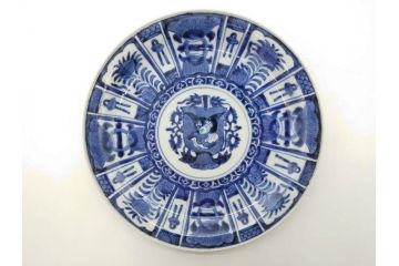 江戸期　古伊万里　染付　芙蓉手　鳥の図　約22cm　7寸　はっきりとした藍色のデザインが目を惹く中皿(鷹?、和皿、和食器、七寸)(R-073017)