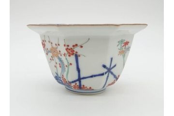 江戸期　古伊万里　柿右衛門手　竹梅図の色絵が可愛らしい向付3客セット(小鉢、八角、和食器)(R-073018)