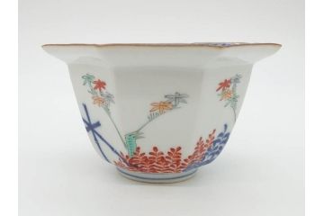 江戸期　古伊万里　柿右衛門手　竹梅図の色絵が可愛らしい向付3客セット(小鉢、八角、和食器)(R-073018)