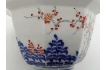 江戸期　古伊万里　柿右衛門手　竹梅図の色絵が可愛らしい向付3客セット(小鉢、八角、和食器)(R-073018)