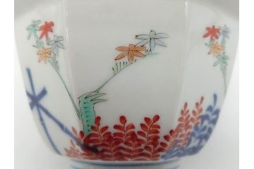 江戸期　古伊万里　柿右衛門手　竹梅図の色絵が可愛らしい向付3客セット(小鉢、八角、和食器)(R-073018)