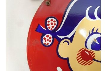 昭和レトロ　当時物　ペコちゃん　不二家のミルキー　両面　可愛らしいホーロー看板(琺瑯、広告、円形、丸形、丸型、カンバン)(R-073023)