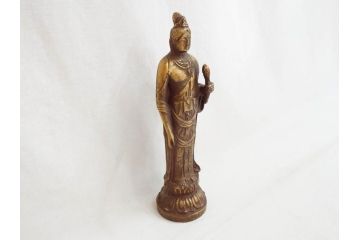 彫刻家　北村西望　聖観世音菩薩　鍍金　細部までこだわりを感じるブロンズ像(観音像、仏像、置物、オブジェ、共箱付き)(R-073025)