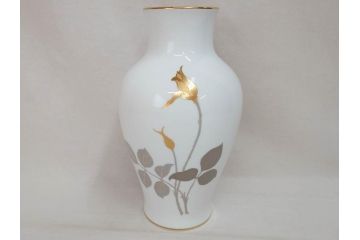 大倉陶園(OKURA、OAC)　金蝕バラ　モダンなデザインで気品溢れる花器(OKURA CHINA、エッチング、金くさらし、花瓶、花入、フラワーベース、ケース付き)(R-073037)