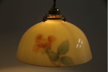 アンティーク照明　オールドノリタケ・則武(日陶)　ローズ(薔薇)　照らすと透ける模様が魅力の電笠(天井照明、シェード、ペンダントライト、吊り下げ照明)(R-073089)