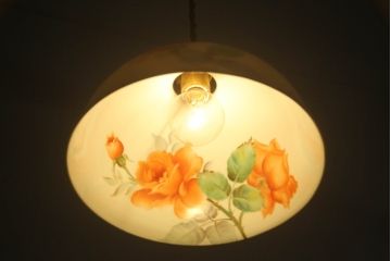 アンティーク照明　オールドノリタケ・則武(日陶)　ローズ(薔薇)　照らすと透ける模様が魅力の電笠(天井照明、シェード、ペンダントライト、吊り下げ照明)(R-073089)