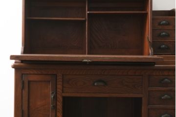 和製アンティーク　最高級!!　総欅(ケヤキ)材　漆塗り　特注　激レア!贅沢な造りと上質な材質が目を惹くライティングビューロー(ワークデスク、簿記机、収納棚、戸棚、在宅用、在宅ワーク用、引き出し)(R-073091)