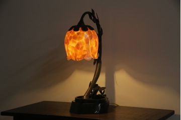 ヴィンテージ照明　イギリス　MAITLAND SMITH(メートランドスミス)　真鍮　大理石で作られたベースと温かみのある色合いが魅力のフラワーデスクライト(デスクランプ、テーブルランプ、テーブルスタンド、卓上照明、ビンテージ、英国)(定価約24万円)(R-073095)