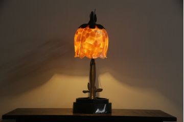 ヴィンテージ照明　イギリス　MAITLAND SMITH(メートランドスミス)　真鍮　大理石で作られたベースと温かみのある色合いが魅力のフラワーデスクライト(デスクランプ、テーブルランプ、テーブルスタンド、卓上照明、ビンテージ、英国)(定価約24万円)(R-073095)