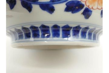 江戸〜明治　冨貴長春　古伊万里　金彩　色絵　染付　約26cm　8.4寸　鮮やかな色合いと迫力のある獅子が目を惹く大鉢(深鉢、和皿、和食器、共箱付き、八寸四分)(R-073099)