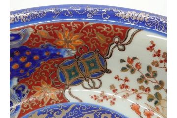江戸〜明治　冨貴長春　古伊万里　金彩　色絵　染付　約29cm　9.4寸　鮮やかな色合いと迫力のある獅子が目を惹く大鉢(深鉢、和皿、和食器、共箱付き、九寸四分)(R-073100)