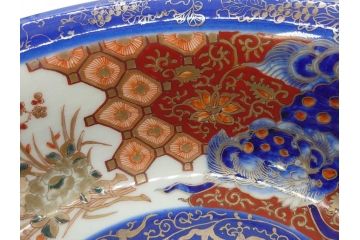 江戸〜明治　冨貴長春　古伊万里　金彩　色絵　染付　約29cm　9.4寸　鮮やかな色合いと迫力のある獅子が目を惹く大鉢(深鉢、和皿、和食器、共箱付き、九寸四分)(R-073100)