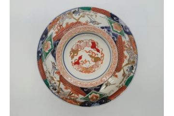 幕末〜明治　古伊万里　色絵　金彩　染付　鶴　約23cm　7.5寸　繊細に描かれた絵柄にこだわりを感じる蓋物(大平、深鉢、深皿、和食器、七寸五分)(R-073101)
