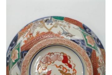 幕末〜明治　古伊万里　色絵　金彩　染付　鶴　約23cm　7.5寸　繊細に描かれた絵柄にこだわりを感じる蓋物(大平、深鉢、深皿、和食器、七寸五分)(R-073101)