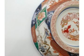 幕末〜明治　古伊万里　色絵　金彩　染付　鶴　約23cm　7.5寸　繊細に描かれた絵柄にこだわりを感じる蓋物(大平、深鉢、深皿、和食器、七寸五分)(R-073101)