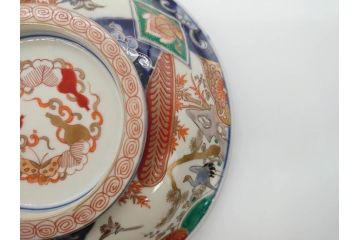 幕末〜明治　古伊万里　色絵　金彩　染付　鶴　約23cm　7.5寸　繊細に描かれた絵柄にこだわりを感じる蓋物(大平、深鉢、深皿、和食器、七寸五分)(R-073101)