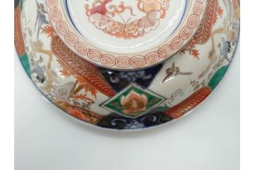 幕末〜明治　古伊万里　色絵　金彩　染付　鶴　約23cm　7.5寸　繊細に描かれた絵柄にこだわりを感じる蓋物(大平、深鉢、深皿、和食器、七寸五分)(R-073101)