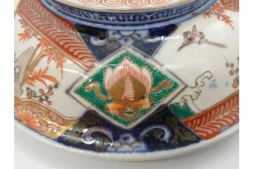 幕末〜明治　古伊万里　色絵　金彩　染付　鶴　約23cm　7.5寸　繊細に描かれた絵柄にこだわりを感じる蓋物(大平、深鉢、深皿、和食器、七寸五分)(R-073101)
