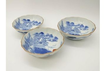 江戸後期〜幕末　伊万里　染付　山水図　約16cm　5.1寸　金の縁と爽やかな藍色が魅力のなます皿3枚セット(中皿、深皿、和皿、和食器、五寸一分)(R-073104)