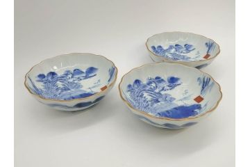 江戸後期〜幕末　伊万里　染付　山水図　約16cm　5.1寸　金の縁と爽やかな藍色が魅力のなます皿3枚セット(中皿、深皿、和皿、和食器、五寸一分)(R-073104)