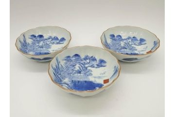 江戸後期〜幕末　伊万里　染付　山水図　約16cm　5.1寸　金の縁と爽やかな藍色が魅力のなます皿3枚セット(中皿、深皿、和皿、和食器、五寸一分)(R-073104)