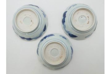 江戸後期〜幕末　伊万里　染付　山水図　約16cm　5.1寸　金の縁と爽やかな藍色が魅力のなます皿3枚セット(中皿、深皿、和皿、和食器、五寸一分)(R-073104)