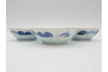 江戸後期〜幕末　伊万里　染付　山水図　約16cm　5.1寸　金の縁と爽やかな藍色が魅力のなます皿3枚セット(中皿、深皿、和皿、和食器、五寸一分)(R-073104)