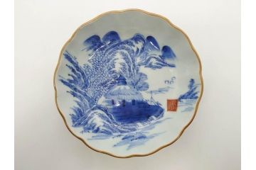 江戸後期〜幕末　伊万里　染付　山水図　約16cm　5.1寸　金の縁と爽やかな藍色が魅力のなます皿3枚セット(中皿、深皿、和皿、和食器、五寸一分)(R-073104)