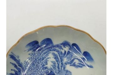 江戸後期〜幕末　伊万里　染付　山水図　約16cm　5.1寸　金の縁と爽やかな藍色が魅力のなます皿3枚セット(中皿、深皿、和皿、和食器、五寸一分)(R-073104)