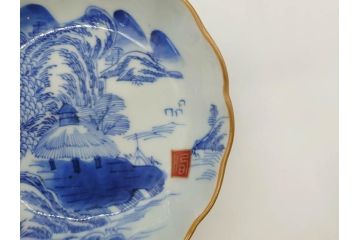 江戸後期〜幕末　伊万里　染付　山水図　約16cm　5.1寸　金の縁と爽やかな藍色が魅力のなます皿3枚セット(中皿、深皿、和皿、和食器、五寸一分)(R-073104)