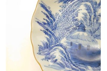 江戸後期〜幕末　伊万里　染付　山水図　約16cm　5.1寸　金の縁と爽やかな藍色が魅力のなます皿3枚セット(中皿、深皿、和皿、和食器、五寸一分)(R-073104)
