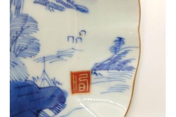 江戸後期〜幕末　伊万里　染付　山水図　約16cm　5.1寸　金の縁と爽やかな藍色が魅力のなます皿3枚セット(中皿、深皿、和皿、和食器、五寸一分)(R-073104)