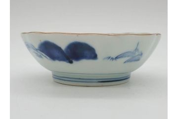 江戸後期〜幕末　伊万里　染付　山水図　約16cm　5.1寸　金の縁と爽やかな藍色が魅力のなます皿3枚セット(中皿、深皿、和皿、和食器、五寸一分)(R-073104)