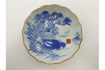 江戸後期〜幕末　伊万里　染付　山水図　約16cm　5.1寸　金の縁と爽やかな藍色が魅力のなます皿3枚セット(中皿、深皿、和皿、和食器、五寸一分)(R-073104)