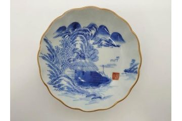 江戸後期〜幕末　伊万里　染付　山水図　約16cm　5.1寸　金の縁と爽やかな藍色が魅力のなます皿3枚セット(中皿、深皿、和皿、和食器、五寸一分)(R-073104)