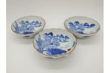 江戸後期〜幕末　伊万里　染付　山水図　約16cm　5.1寸　金の縁と爽やかな藍色が魅力のなます皿3枚セット(中皿、深皿、和皿、和食器、五寸一分)(R-073105)