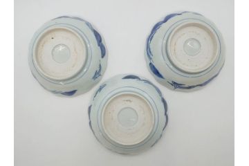 江戸後期〜幕末　伊万里　染付　山水図　約16cm　5.1寸　金の縁と爽やかな藍色が魅力のなます皿3枚セット(中皿、深皿、和皿、和食器、五寸一分)(R-073105)